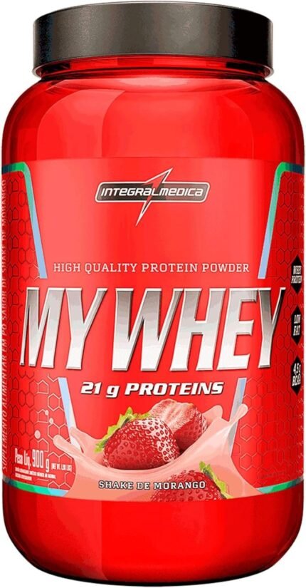 Integralmedica My Whey Proteína em Pó Sabor Morango - 21g de Proteína por Porção - Alta Concentração de BCAAs - Pote 900g