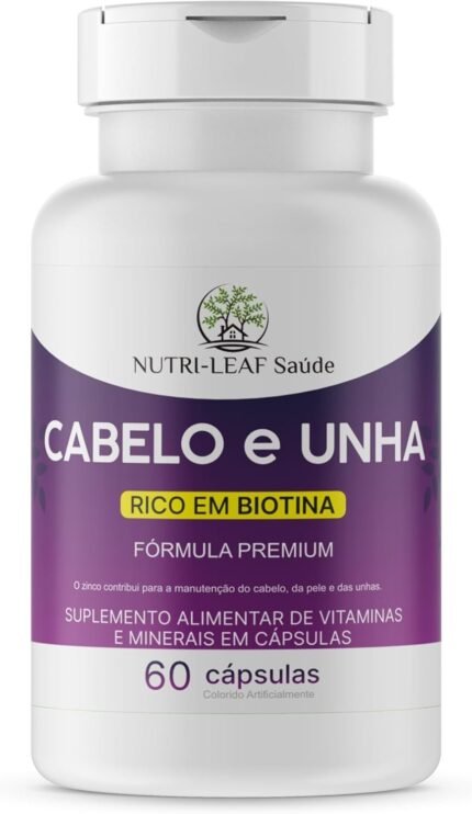 Cabelo e Unha Vitamina para Crescimento Capilar Unhas Fortes e Pele Saudável com Biotina Zinco e 16 Vitaminas Essenciais 60 Cápsulas da NUTRI-LEAF Saú